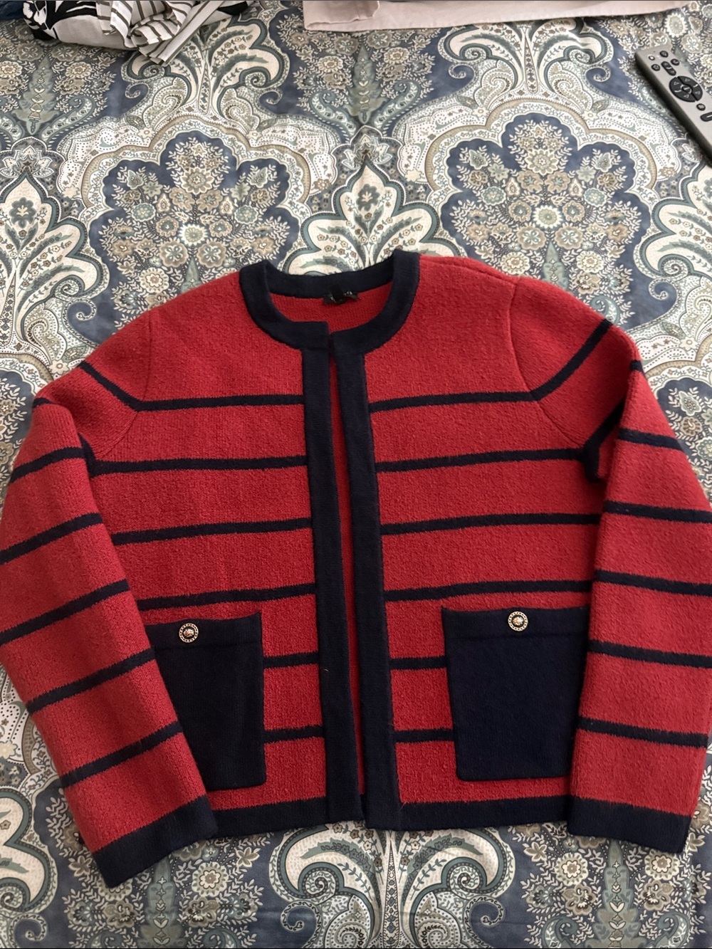 Talbots Red Sweater Cardigan with Navy Trim
